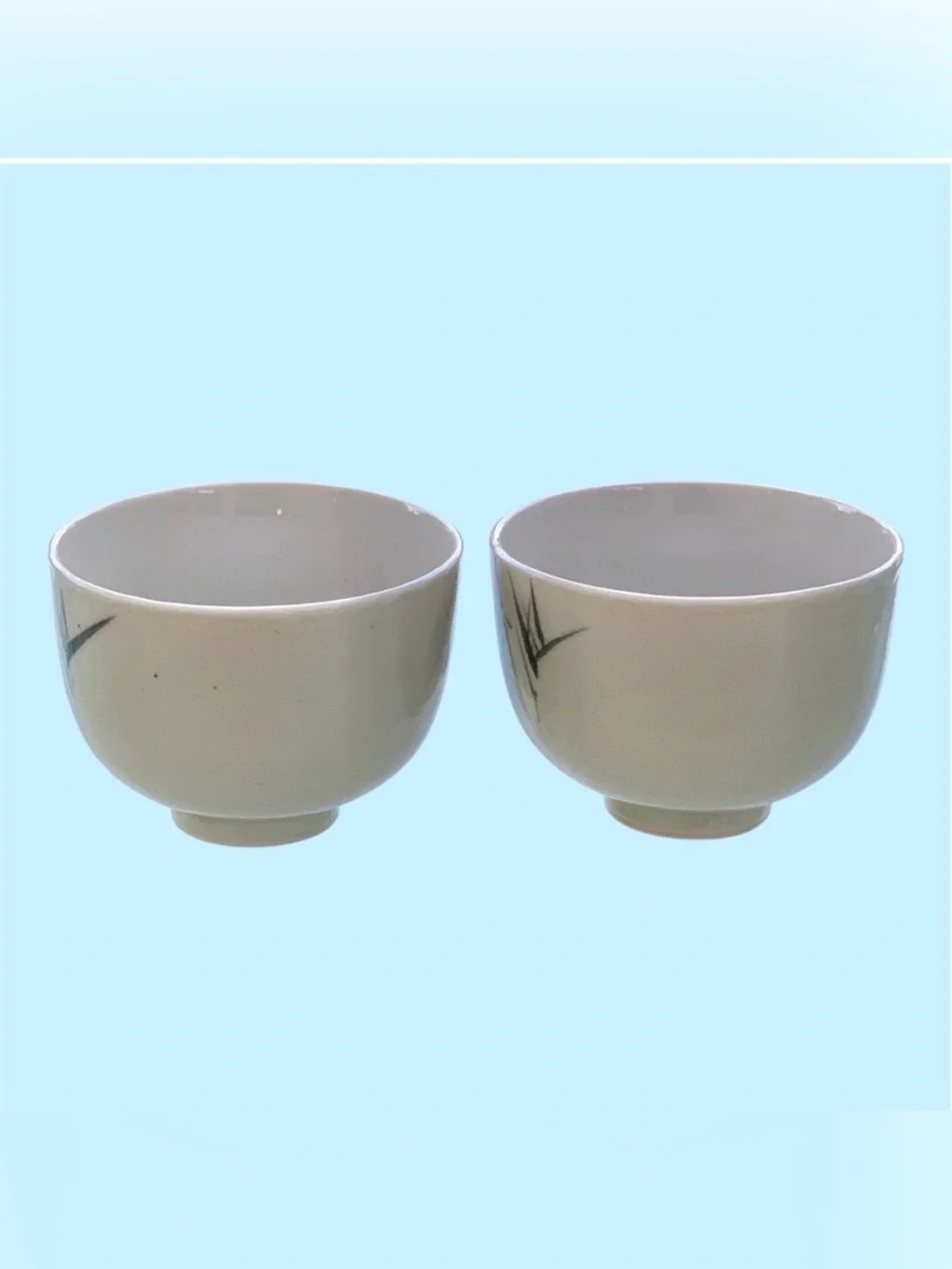Japanese Bamboo Design Footed Porcelain Tea Cups / Soup Bowls ~ Set of 2
